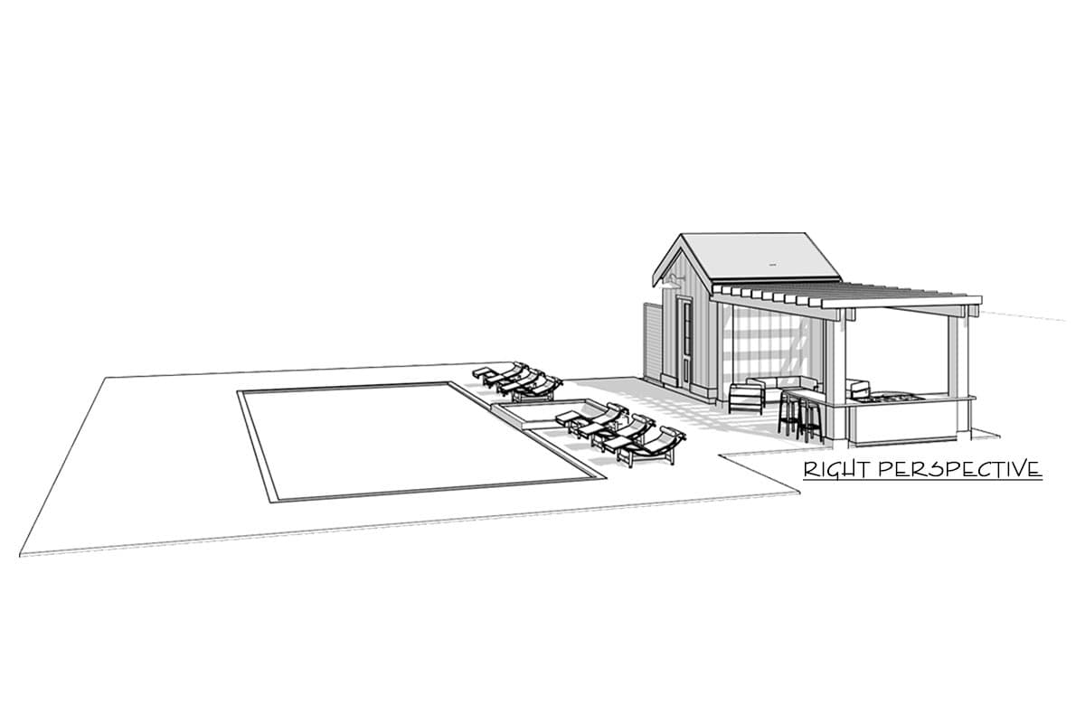 House plan exterior with pool, lounge chairs, and covered outdoor bar area with seating.