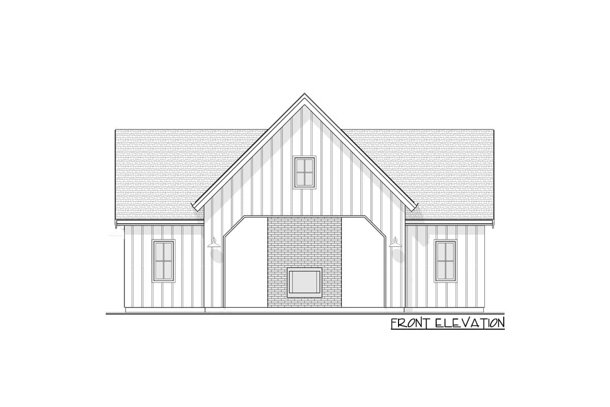 Front elevation drawing of a house plan with a prominent gable, board and batten siding, and a brick chimney.