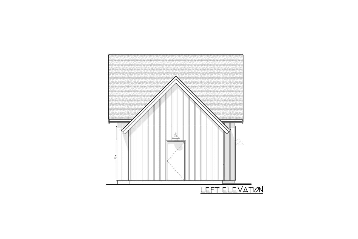 Left elevation of a house plan showing a steeply pitched gable roof, vertical siding, and a central door.