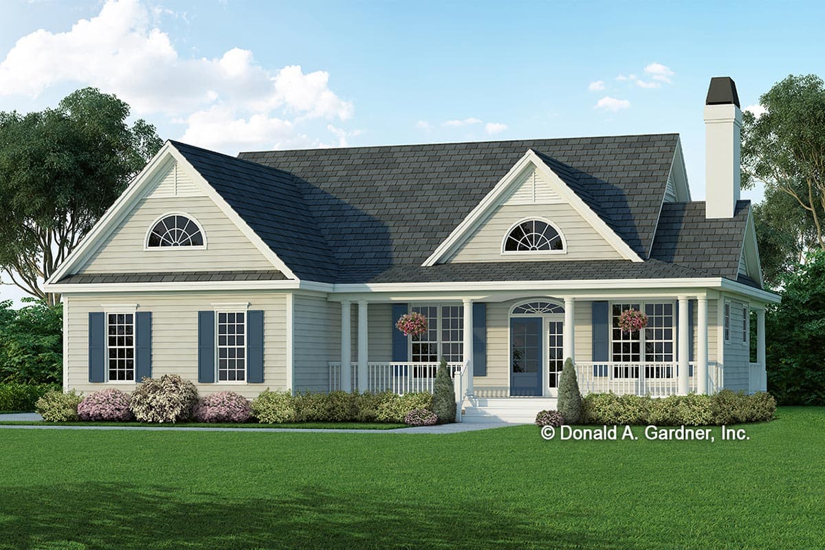 House plan exterior featuring a two-story design with gabled rooflines, a front porch, and dormers. The house has arched windows and shutters.