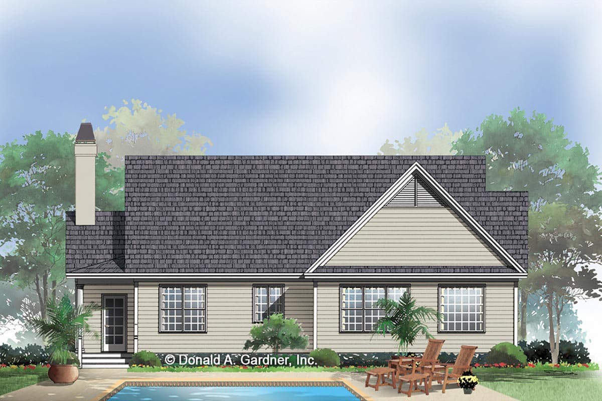 House plan exterior: One-story home with a prominent gable end, large windows, a chimney, and a side entrance.