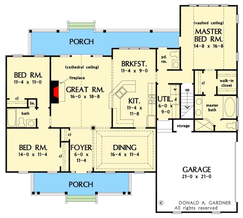 Plan 444231GDN: Three Bedroom House Plan with 18' Cathedral Ceiling in the Great Room and Bonus Expansion - Floor Plan - Main Level - Country, Southern, Traditional