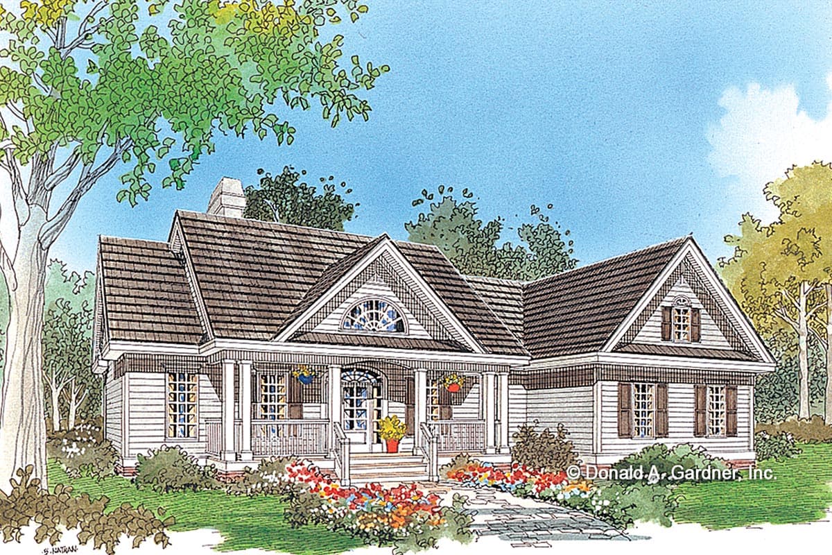 House plan exterior: One-story house with a prominent front porch, gables, and dormer windows.