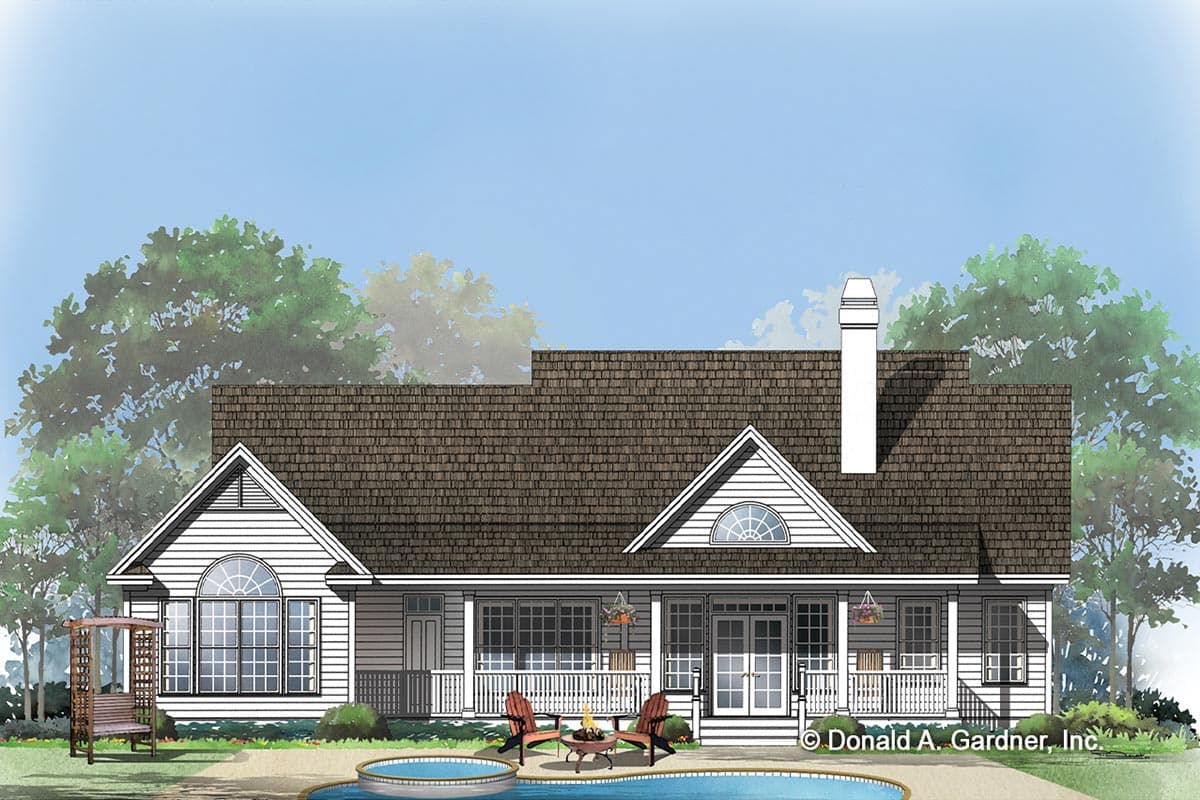 House plan exterior: Ranch style, single-story with a wraparound porch, multiple gables, arched windows, and a prominent chimney.