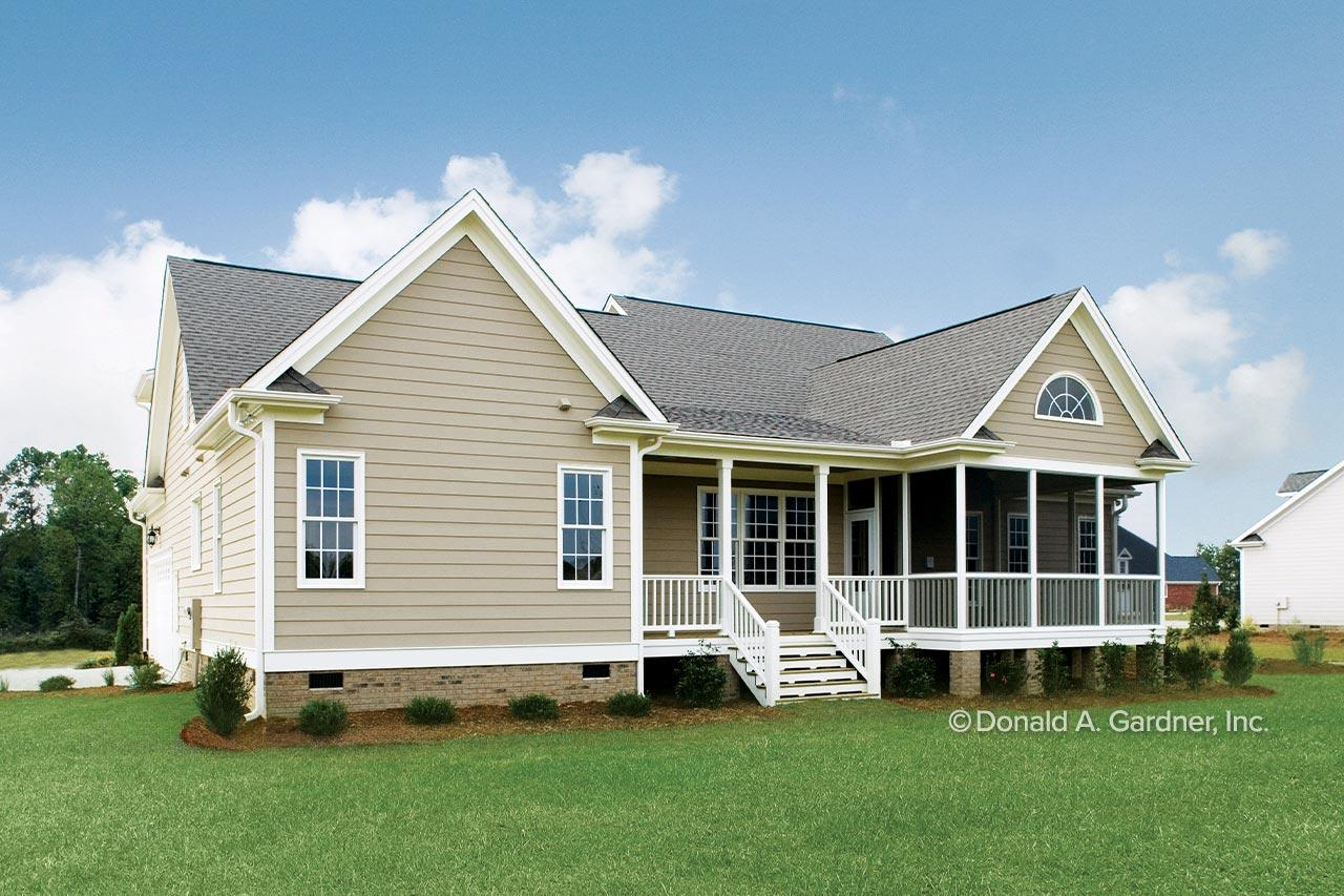 House plan exterior: Ranch style, one story, with gabled dormer, screened porch, and white railing.