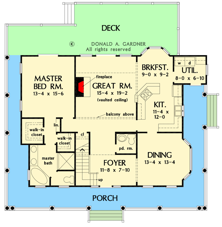 Plan 444234GDN: Classic 3-Bed Farmhouse with Balcony Overlook and Wraparound Porch - Floor Plan - Main Level - Country, Farmhouse, Traditional
