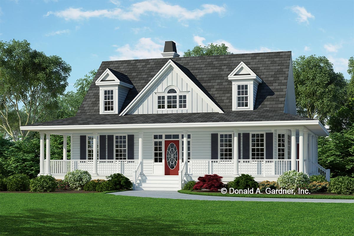 House plan exterior. Two-story farmhouse with a wraparound porch, gabled roof, and dormers. Features include a red door and a central gable.