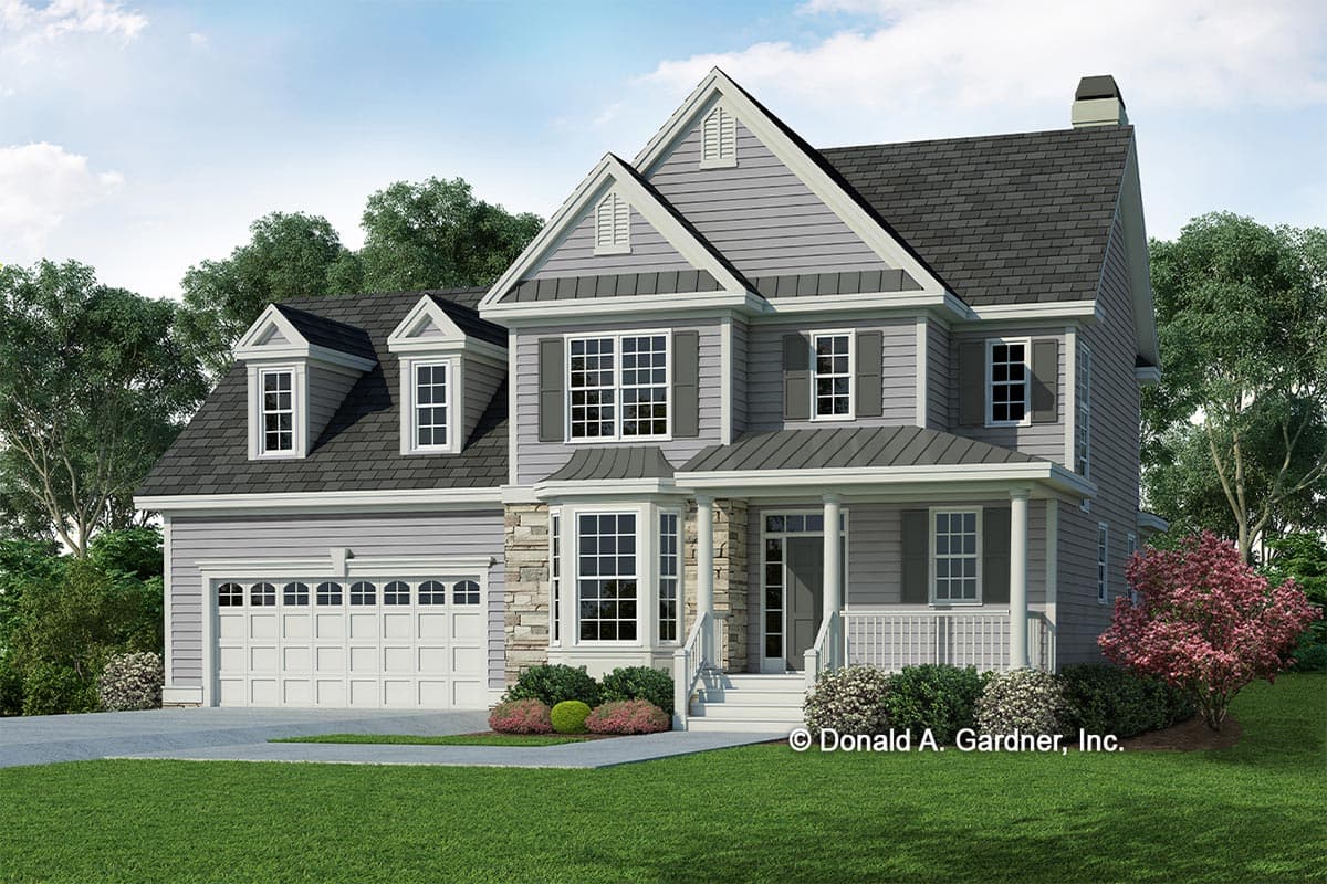 House plan exterior. Two-story Colonial with dormers, front porch, and stone accents. Features include a side-entry garage and gabled rooflines.