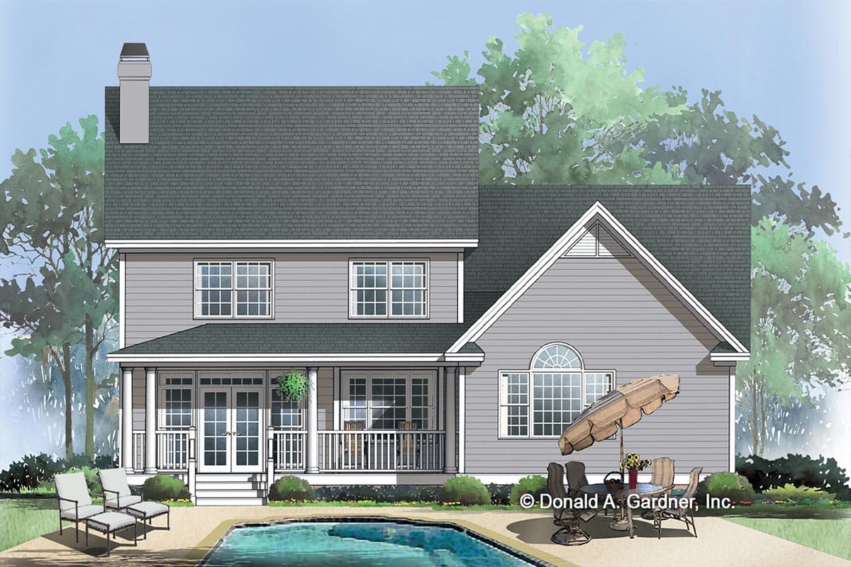 Two-story house plan exterior with wraparound porch, gable dormer, and arched window above large casement windows.