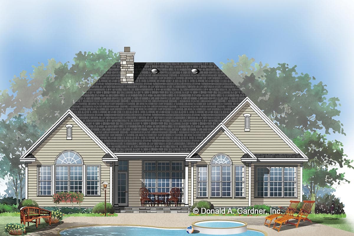 House plan exterior of a one-story home with a prominent gable roof, central covered porch, and arched windows.