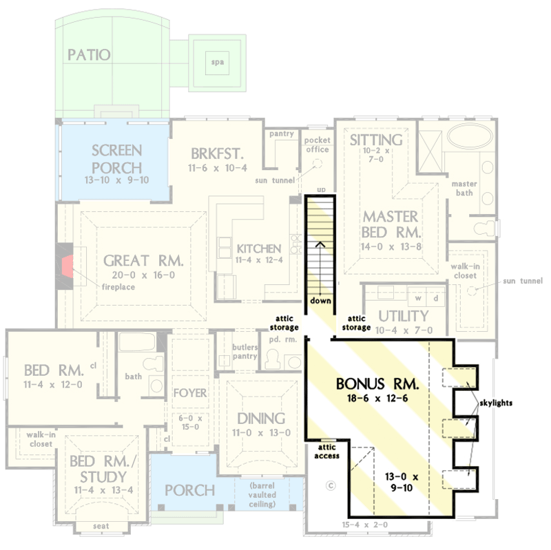 Plan 444242GDN: Lovingly Designed One-story Cottage with Master Sitting Area and Bonus Expansion - Floor Plan - Bonus - Cottage, Craftsman, European