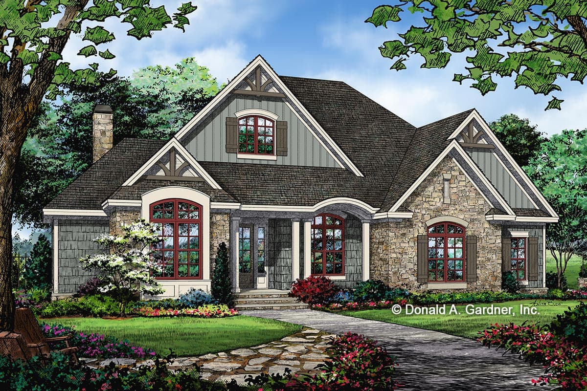 House plan exterior. Craftsman style with stone and shingle siding. Features include multiple gables, arched windows, and a covered porch.