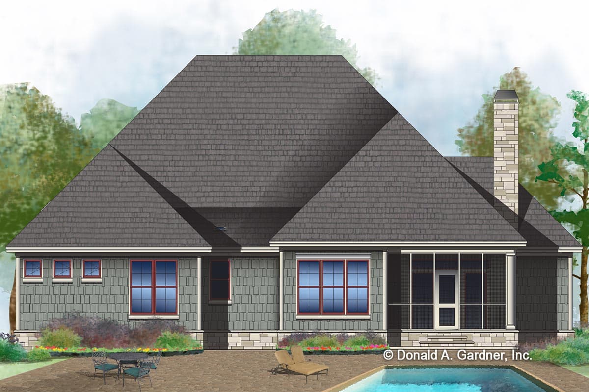 House plan exterior: Ranch-style home with a complex roofline, stone chimney, shingle siding, and a screened porch.