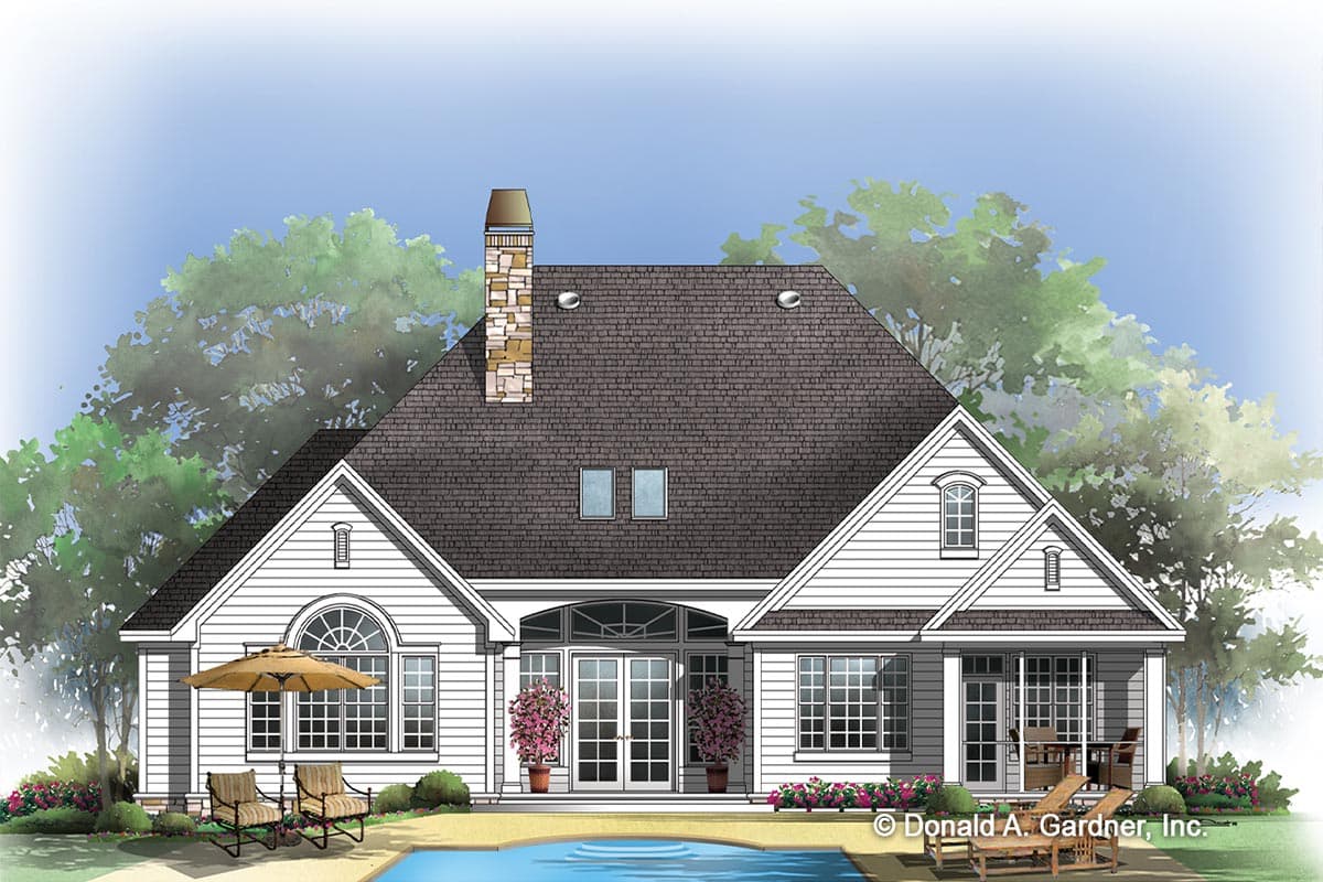 House plan exterior: Two-story Traditional style with a stone chimney, gabled dormers, arched window, and covered patio.