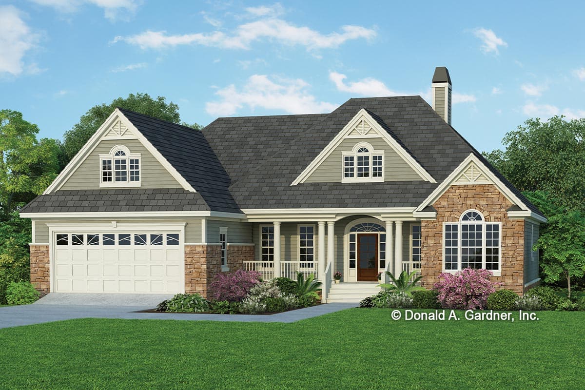 House plan exterior. Ranch style with a stone facade, gabled roof, and columned front porch. Features include a front-entry garage and dormers.