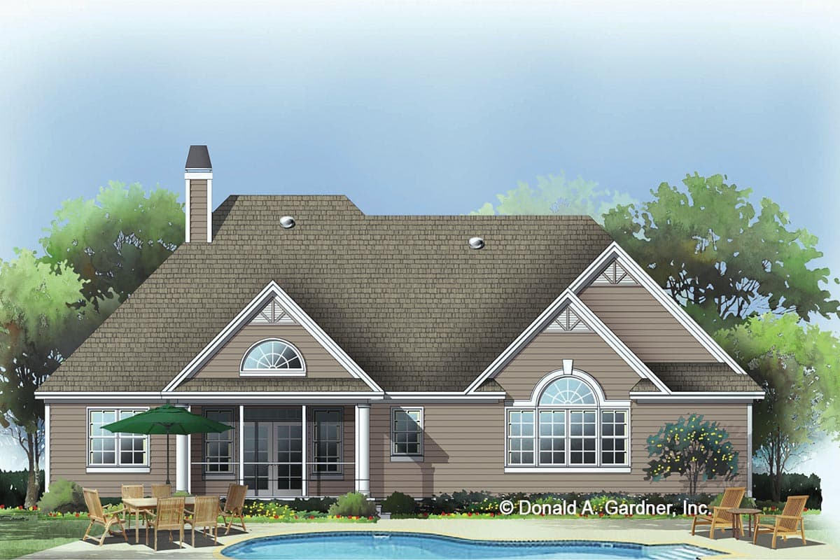 House plan exterior view shows a one-story home with a screened porch, multiple gables, and arched windows.