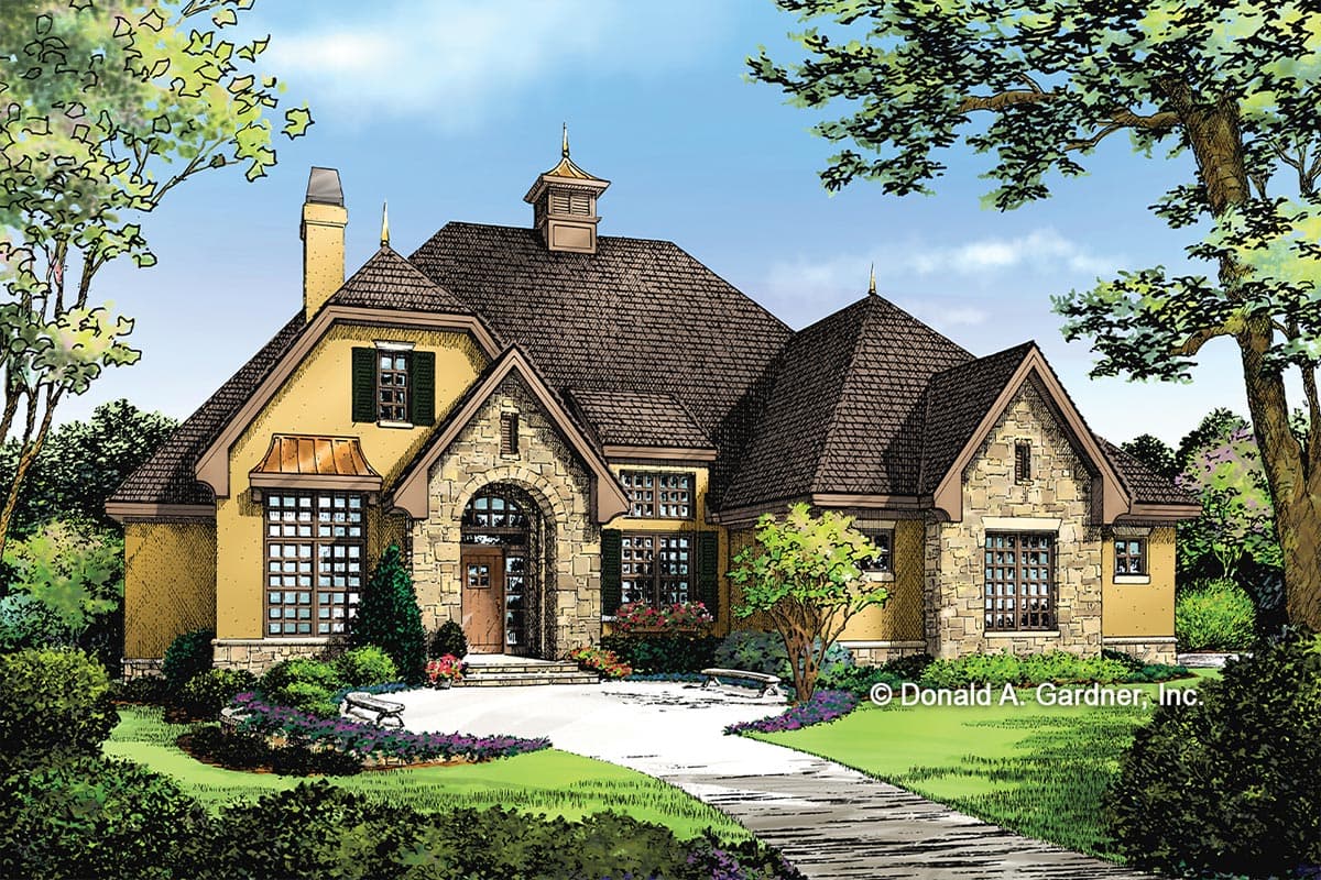 House plan exterior. Two-story, European-style home with multiple gables, stone accents, arched entryway, and a cupola.