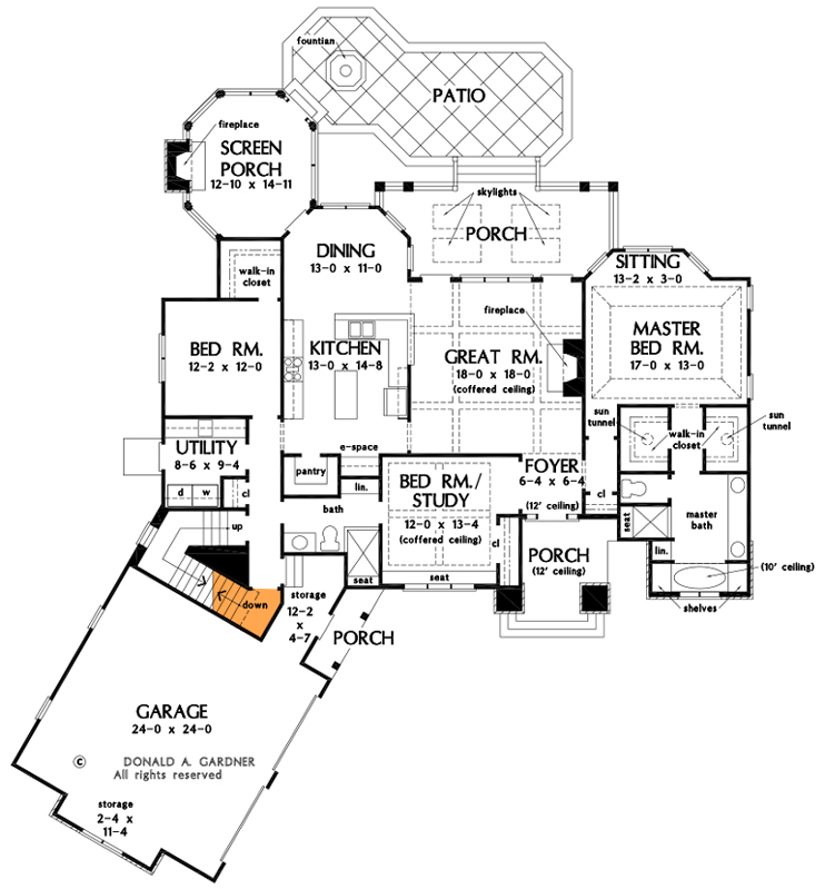 Plan 444249GDN: Rustic One-level Home Plan with Courtyard Entry and Octagonal Screen Porch - Floor Plan - Basement Option - Country, Craftsman, Hill Country, Rustic, Southern