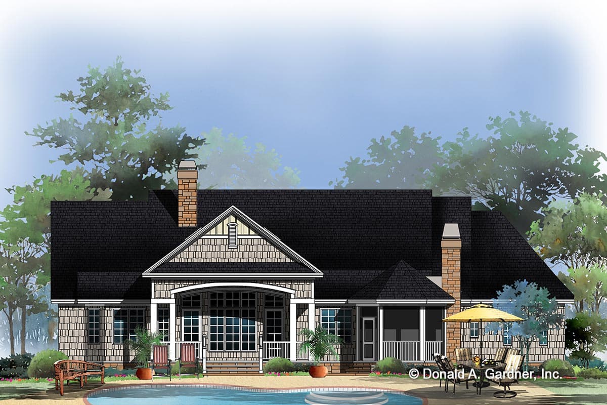 House plan exterior: Traditional style with gabled entryway, screened porch, two chimneys, and varied shingle siding.
