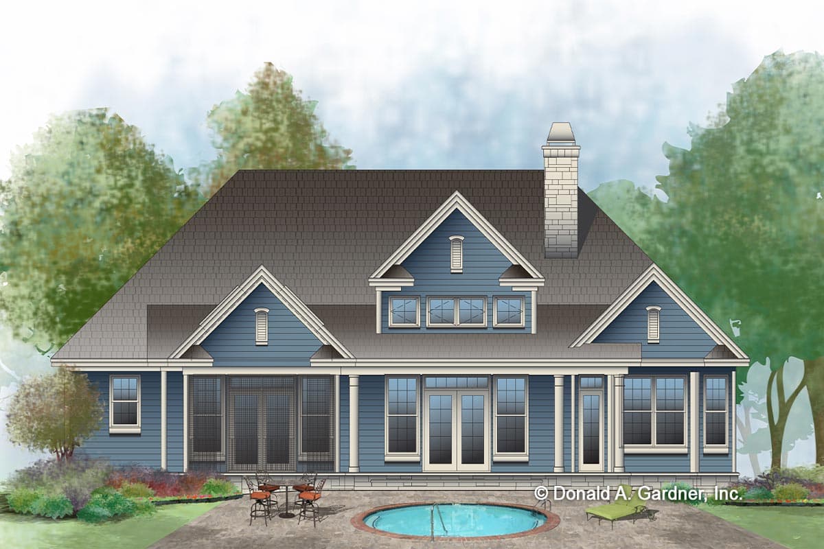 House plan exterior: Blue siding, multiple gables, covered porch with columns, dormer windows, and a prominent chimney.