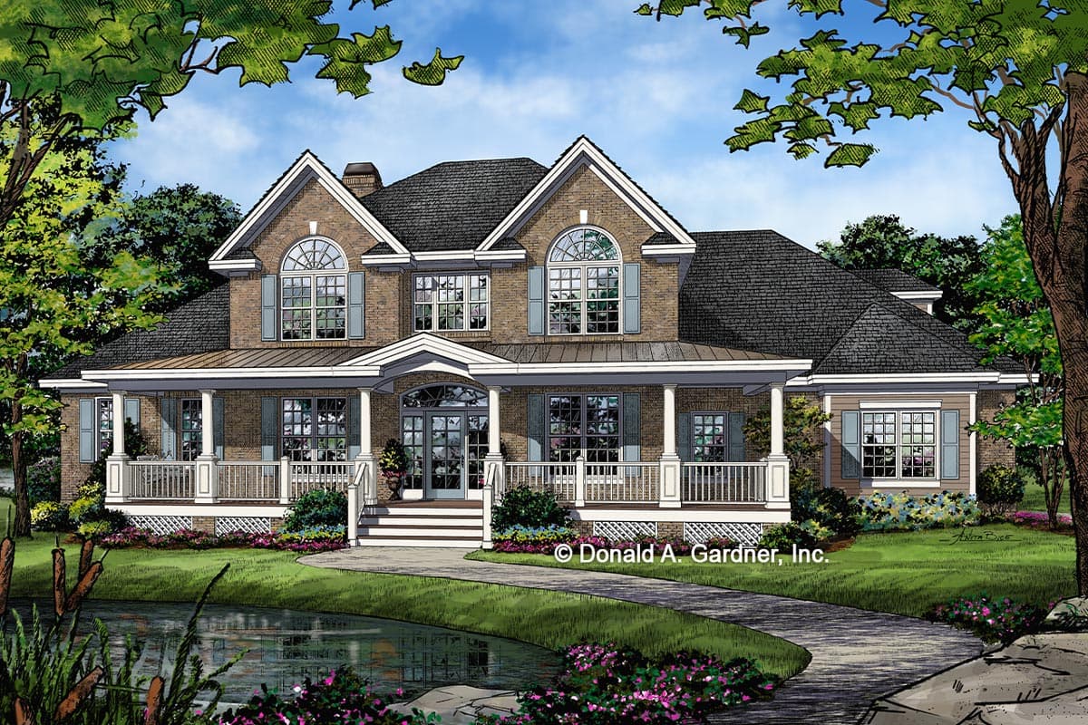 House plan exterior rendering, two-story brick home with gabled roof and large front porch. Features include arched windows and dormers.