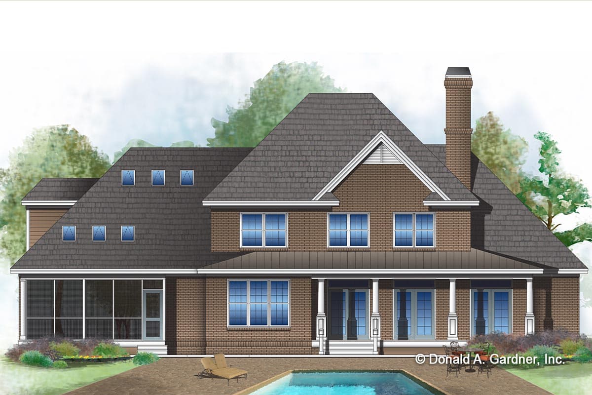 House plan exterior: Two-story brick home with a prominent gable, dormer windows, a screened porch, and a large brick chimney.