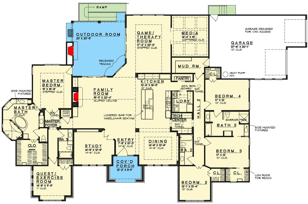 Plan 333008JHB: Modern Luxury Ranch House Plan with 5 Bedrooms and 4 Bathrooms - Floor Plan - Main Level - Mid Century Modern, Modern, Prairie, Ranch