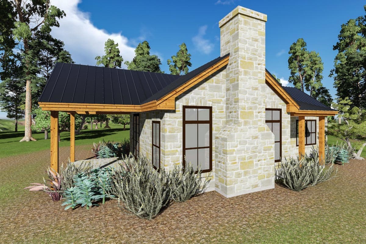 House plan exterior of a single-story stone home with a black metal roof, wood-covered porch, and prominent stone chimney.