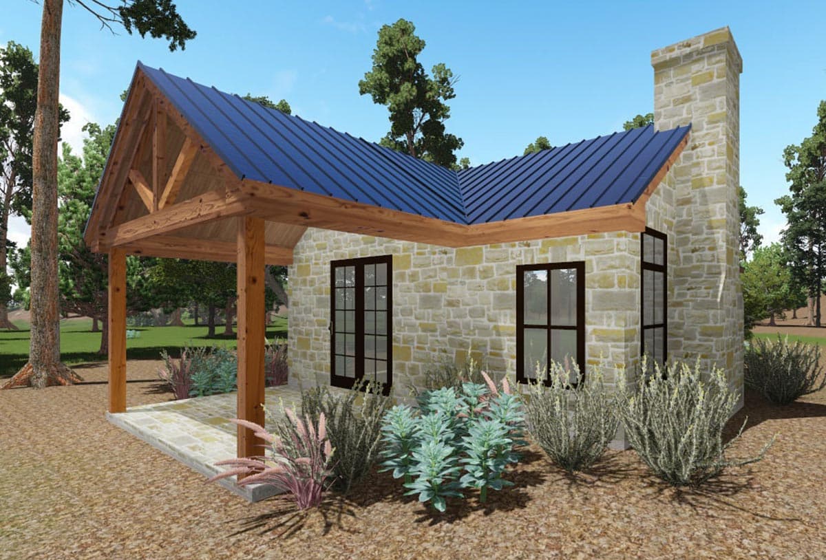House plan exterior with stone veneer, metal roof, and exposed timber porch. Features include a front porch and a stone chimney.