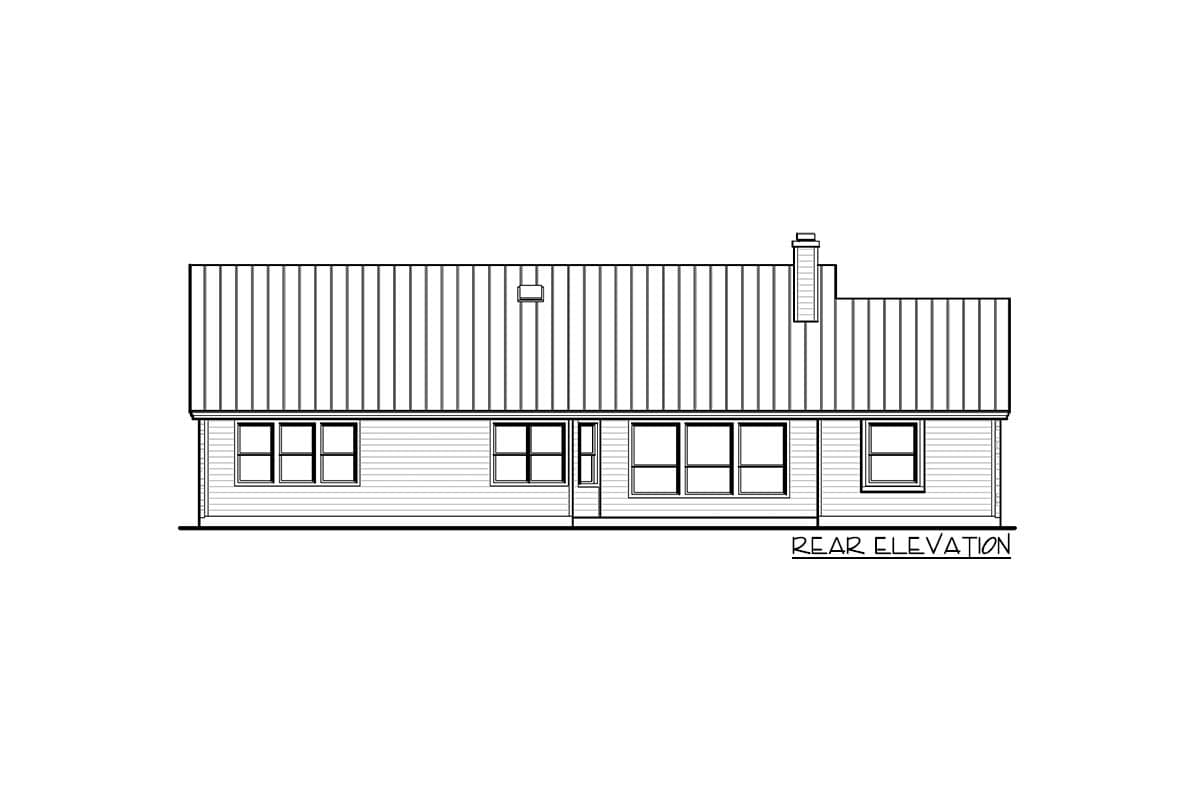 Rear elevation drawing of a house plan with a standing seam metal roof, horizontal siding, and multiple windows.