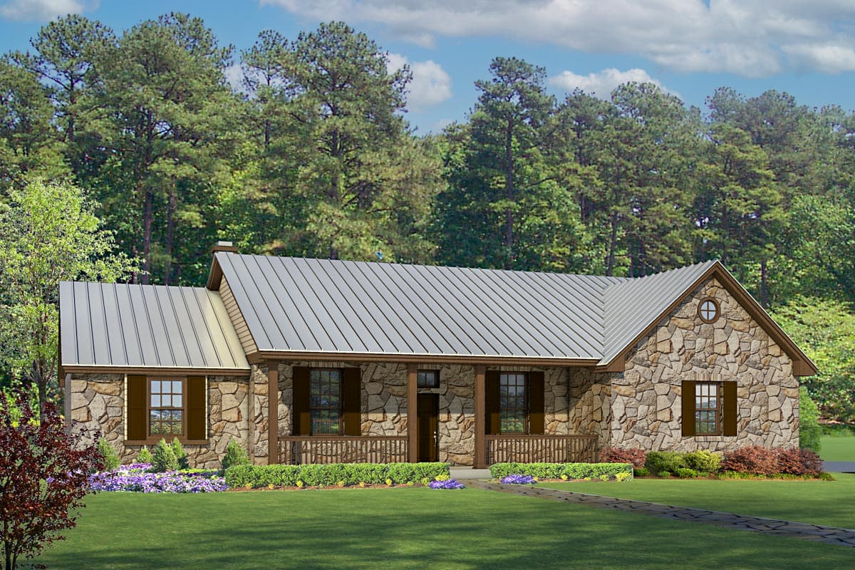House plan exterior featuring a one-story, stone-clad facade, metal roof, covered porch, and a round window in the gable.