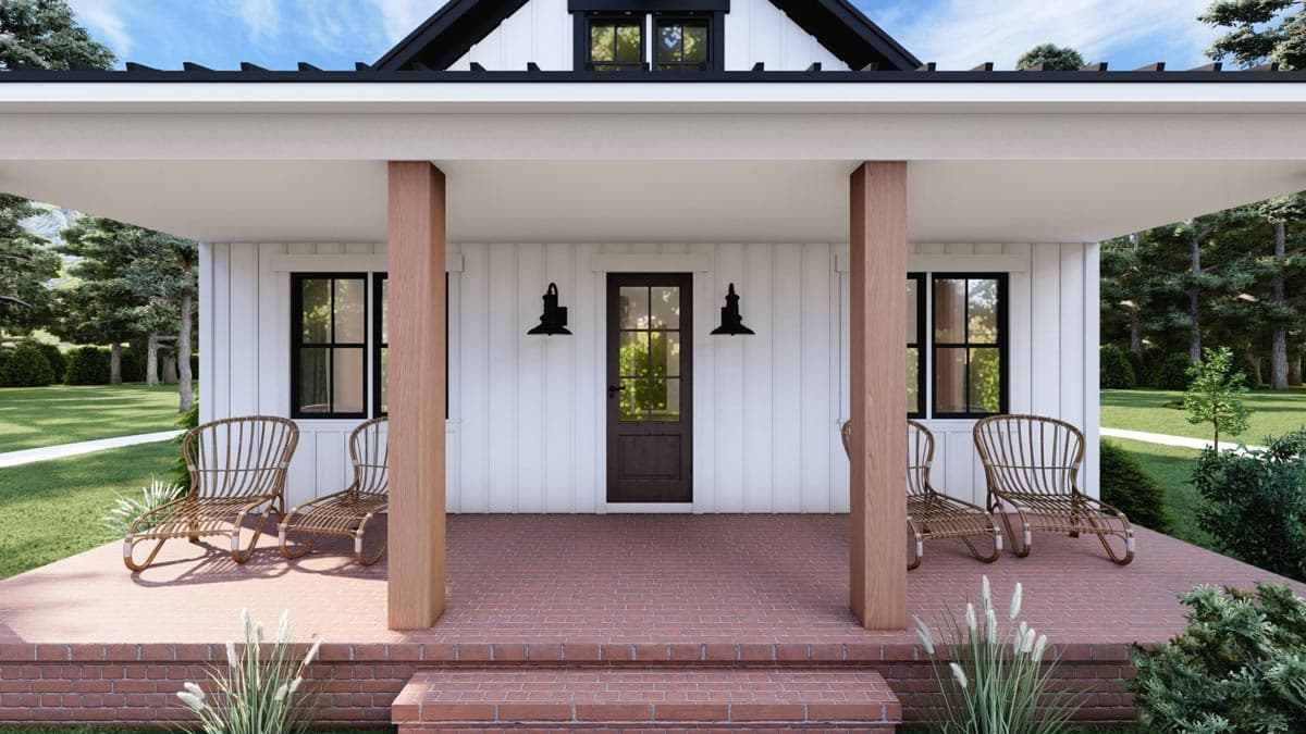 Modern Farmhouse house plan exterior with a covered front porch, board-and-batten siding, and dark-framed windows.