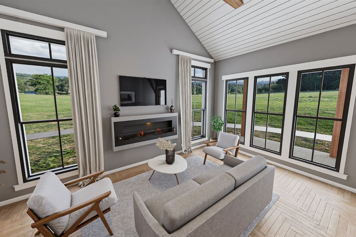 Plan 51886HZ: 2-Bed Farmhouse Cottage House Plan with Vaulted Great Room - 960 Sq Ft - Virtual Tour Cover Image - Cabin, Cottage, Country, Craftsman, Farmhouse, Modern Farmhouse, Rustic, Traditional