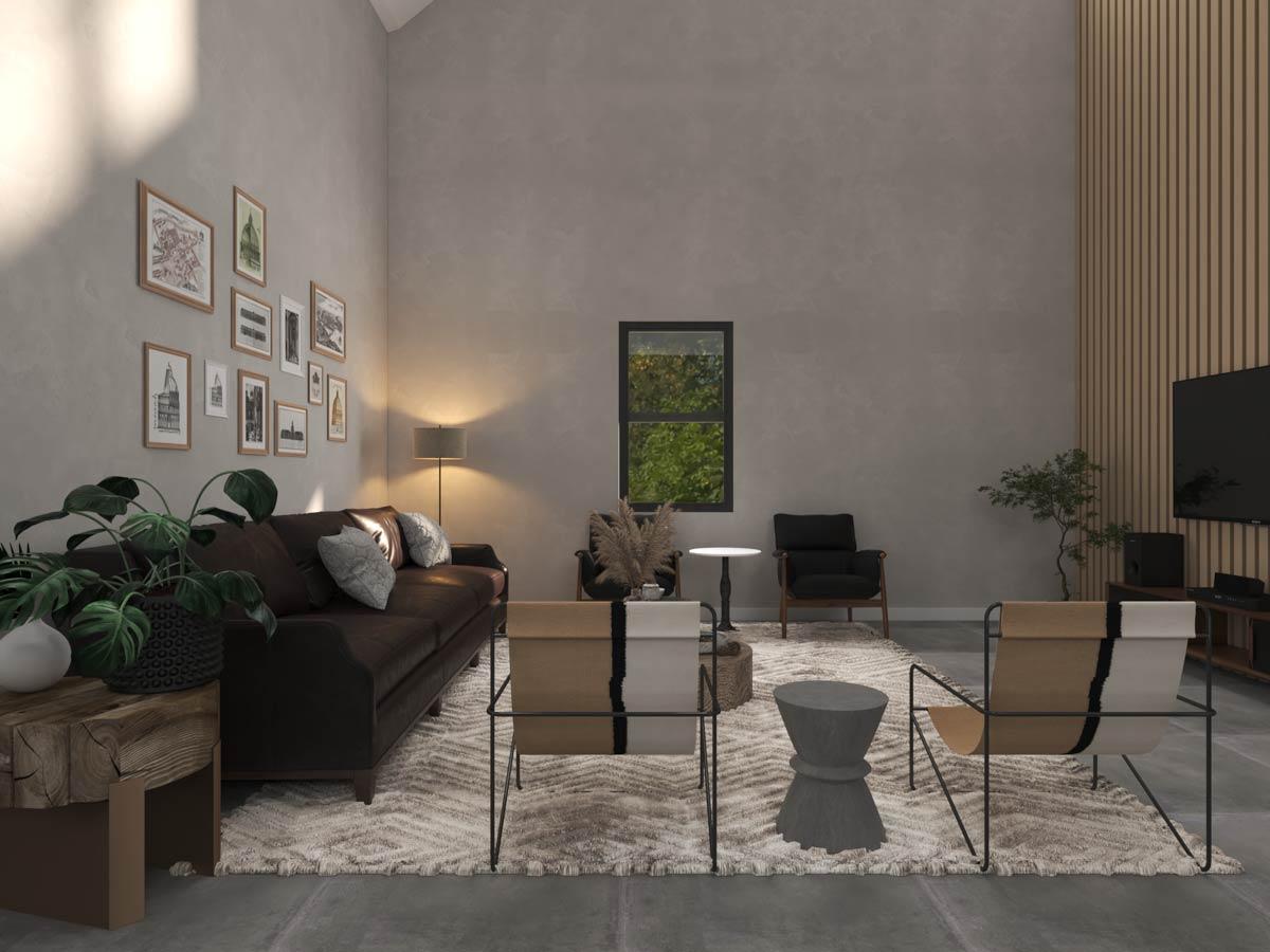 Interior rendering of a living room with vaulted ceiling, dark sofa, gallery wall, and wood slat accent wall.