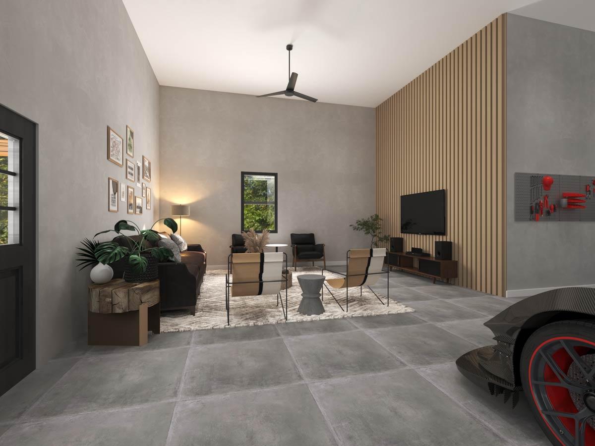 Modern living room rendering with vaulted ceiling, slatted wood accent wall, dark sofa, and a sports car.