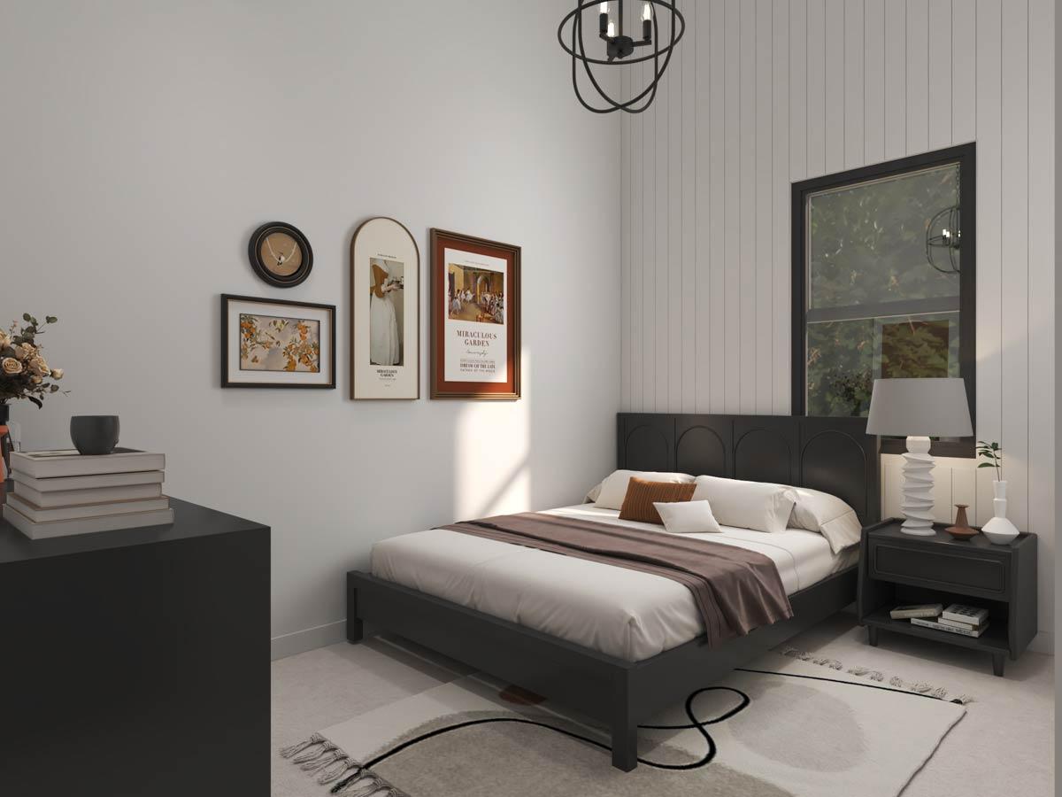 Bedroom interior rendering with a dark arched headboard bed, bedside table, stacked books, and artwork on paneled wall.