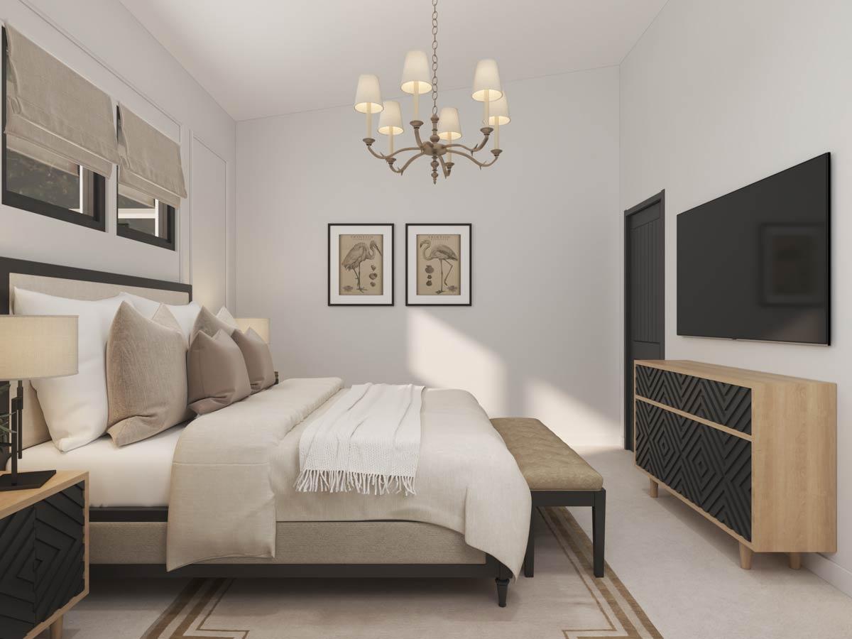 Primary bedroom rendering with king bed, dresser with geometric inlay, wall-mounted TV, and chandelier.