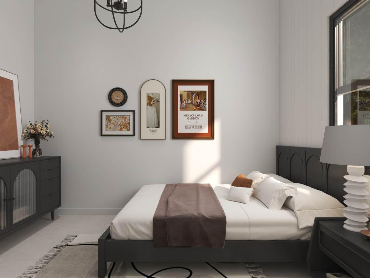 Bedroom with queen bed, dark headboard, dresser, artwork, and window.