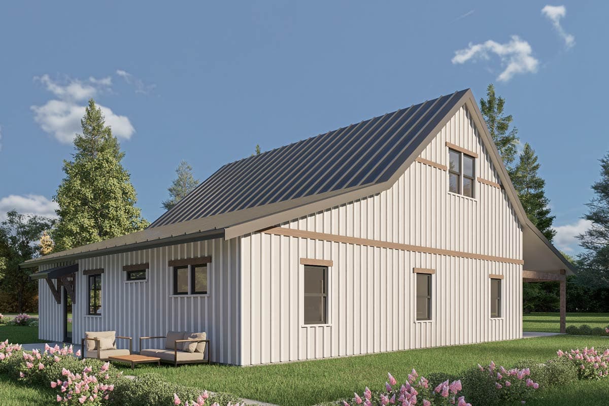 House plan exterior of a two-story Modern Farmhouse with a standing seam metal roof, board and batten siding, and a covered porch.