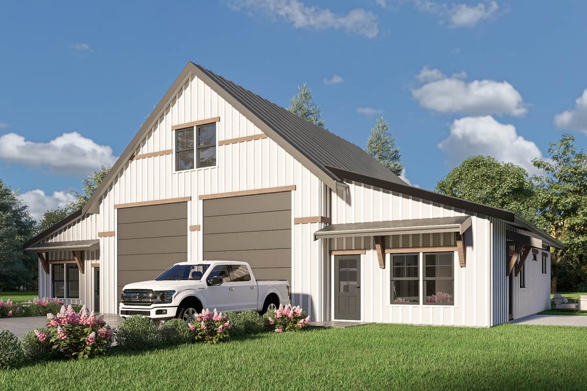 House plan exterior: Modern style, white vertical siding, large gambrel roof, covered porch with wooden posts, and attached garage.