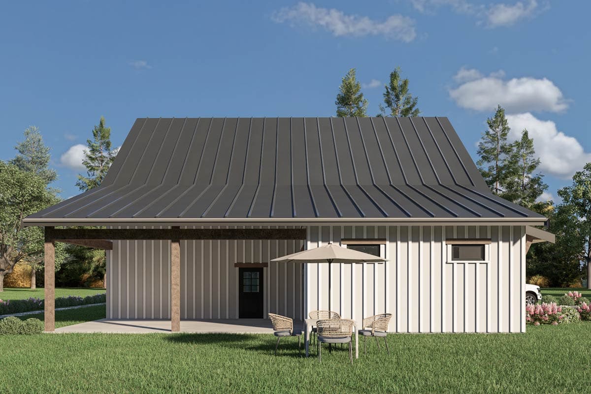 Modern farmhouse house plan exterior with white vertical siding, prominent gables, and a covered garage entrance.