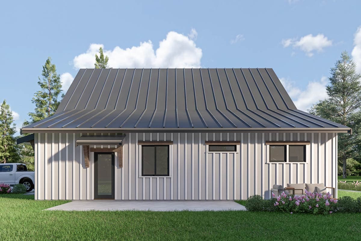 Modern Farmhouse house plan exterior with white board-and-batten siding, a steep gabled roof, and two wide garage doors.