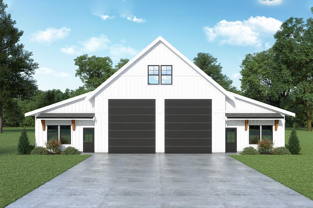 House plan exterior with modern farmhouse style, two-car garage, and gable roof. Includes two small covered porches and windows with black frames.