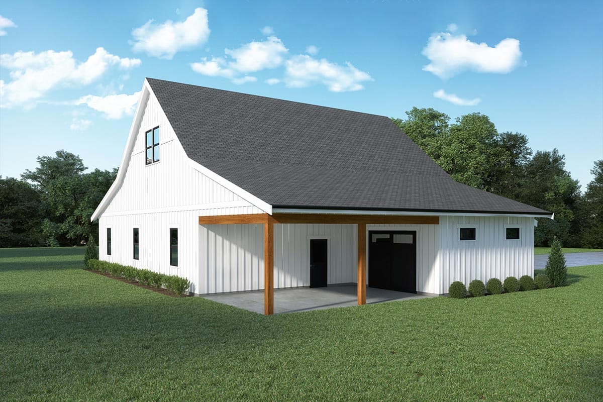 House plan exterior: Modern style, white vertical siding, large gambrel roof, covered porch with wooden posts, and attached garage.