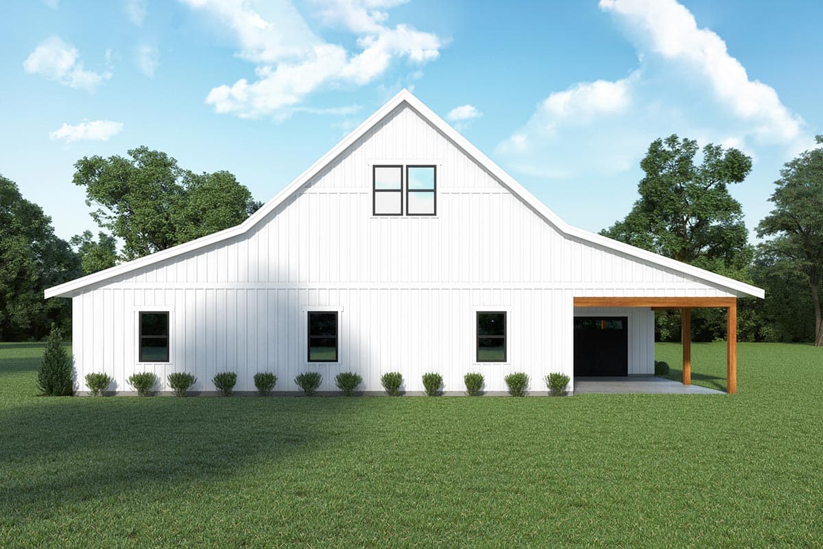 Modern farmhouse house plan exterior with white vertical siding, prominent gables, and a covered garage entrance.
