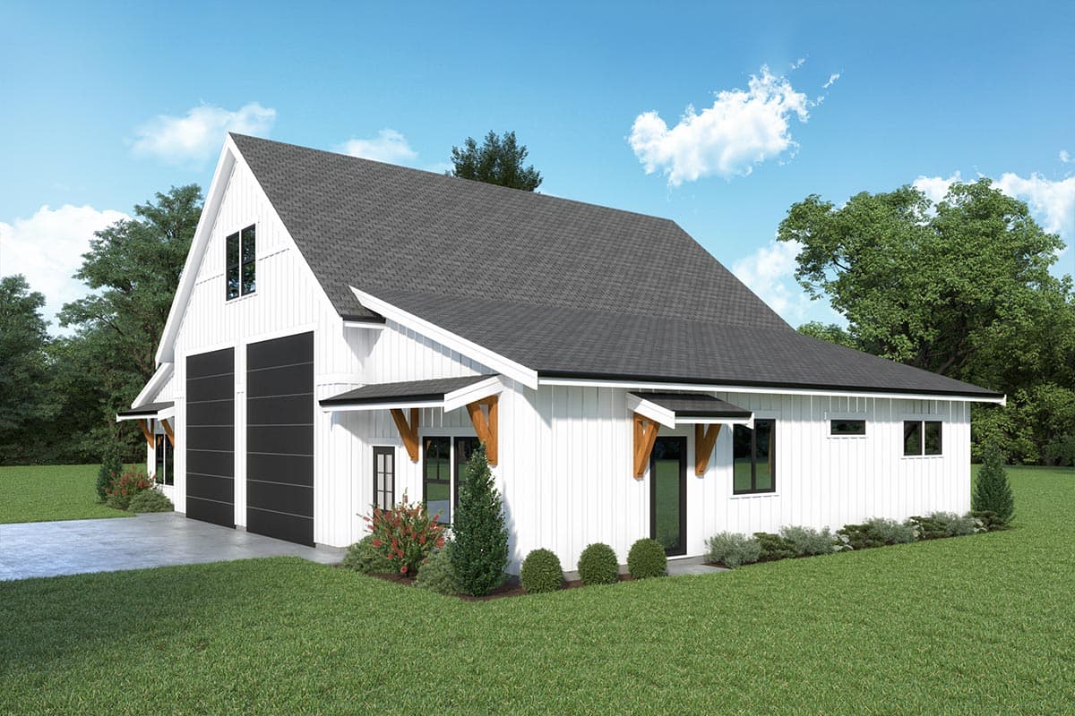 Plan 280164JWD: Symmetrical 2-Bed Country Farmhouse ADU with Oversized Garage - Image #4 - Barndominium, Country, New American, Rustic