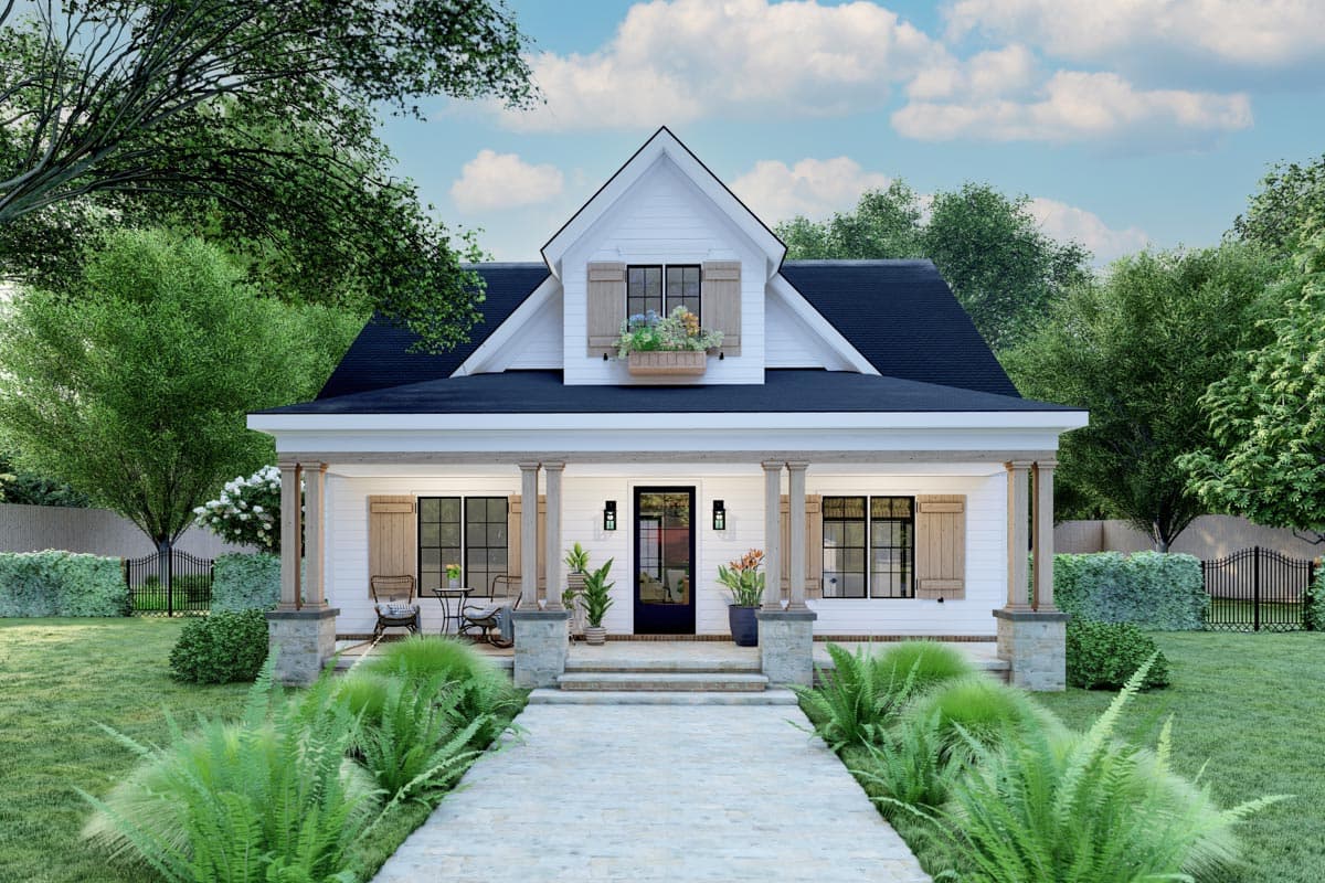 House plan exterior. Two-story Modern Farmhouse with a gabled roof, a front porch with columns, and dormer window detail.