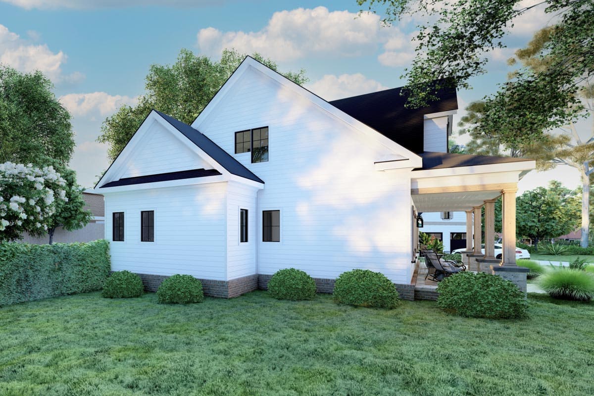 House plan exterior: Two-story Modern Farmhouse with gabled roofs, white siding, dark windows, and a covered porch with columns.
