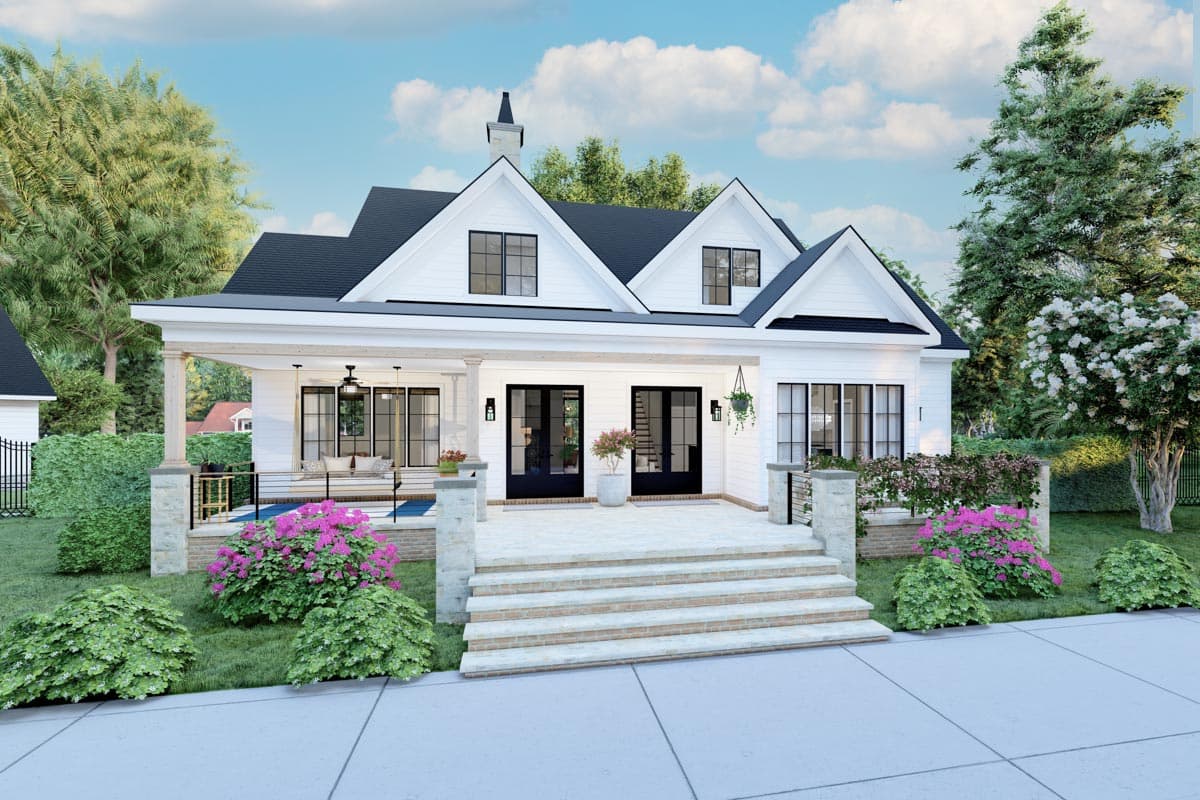 Modern farmhouse house plan exterior with gabled dormers, a covered porch, double entry doors, and stacked stone accents.