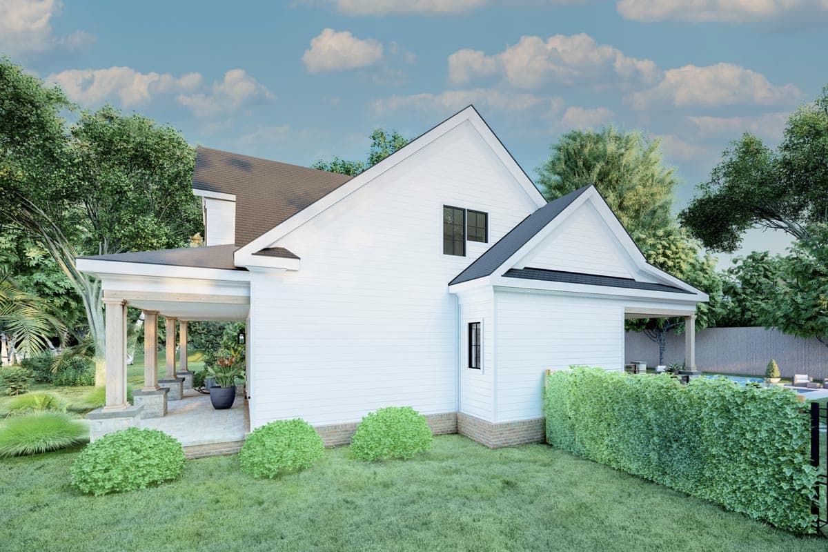 House plan exterior: Modern Farmhouse style with white siding, gables, dormers, and a covered porch with wood columns.